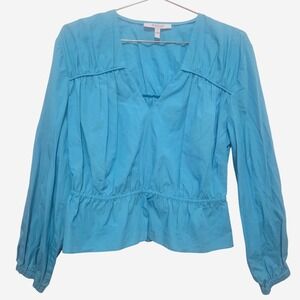 Derek Lam 10 Crosby Blue Cotton Poplin Peplum Blouse V-Neck Top Size 10